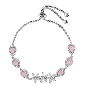 Rose Quartz W. Flower CZ Adjustable Bracelet